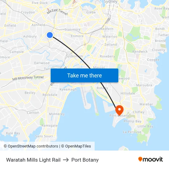 Waratah Mills Light Rail to Port Botany map