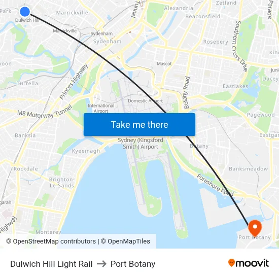 Dulwich Hill Light Rail to Port Botany map