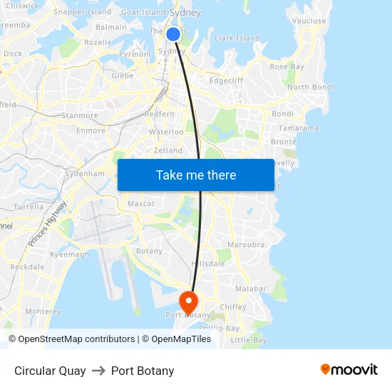 Circular Quay to Port Botany map