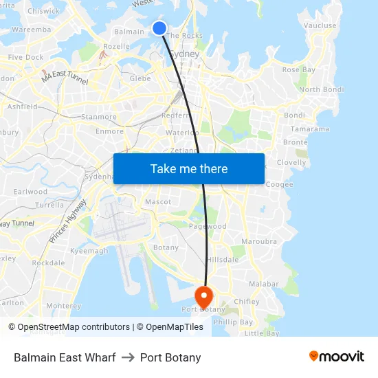 Balmain East Wharf to Port Botany map