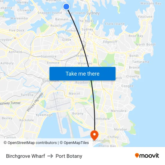 Birchgrove Wharf to Port Botany map