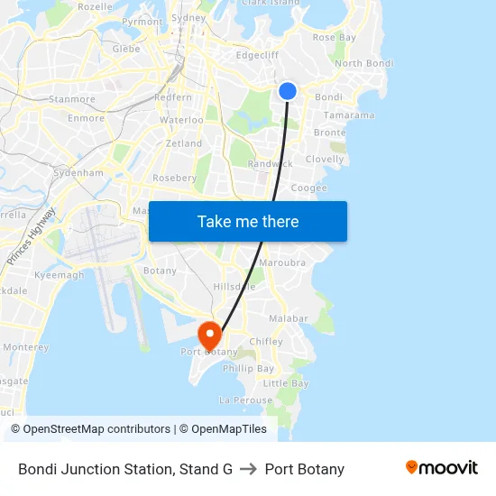 Bondi Junction Station, Stand G to Port Botany map