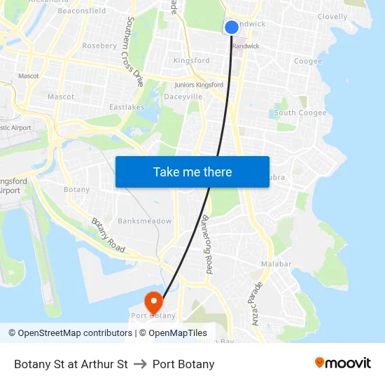 Botany St at Arthur St to Port Botany map