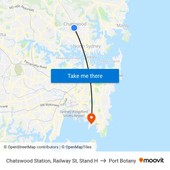 Chatswood Station, Railway St, Stand H to Port Botany map
