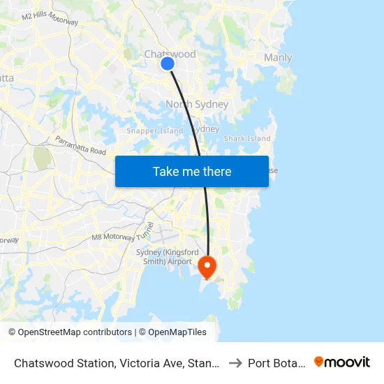 Chatswood Station, Victoria Ave, Stand F to Port Botany map