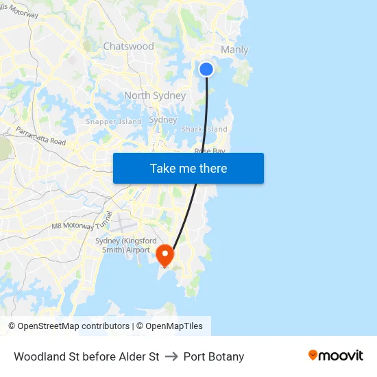 Woodland St before Alder St to Port Botany map