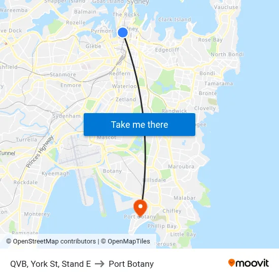 QVB, York St, Stand E to Port Botany map