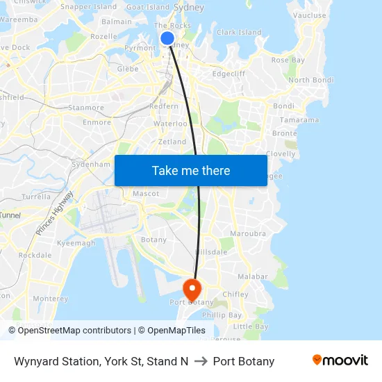 Wynyard Station, York St, Stand N to Port Botany map