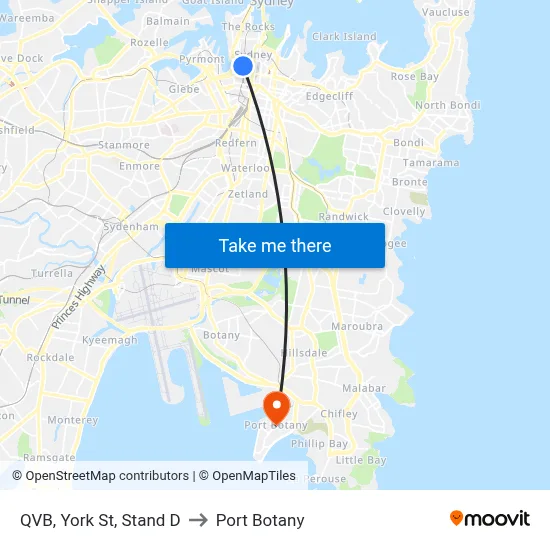 QVB, York St, Stand D to Port Botany map