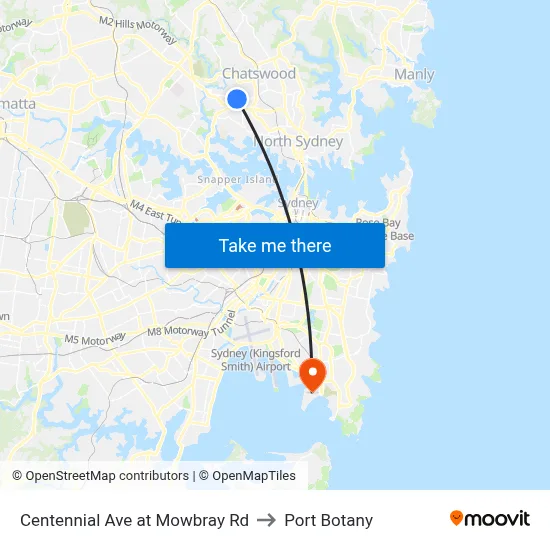 Centennial Ave at Mowbray Rd to Port Botany map