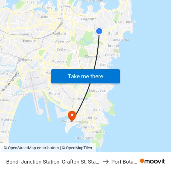 Bondi Junction Station, Grafton St, Stand R to Port Botany map