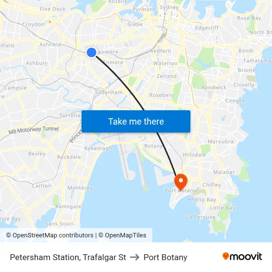 Petersham Station, Trafalgar St to Port Botany map