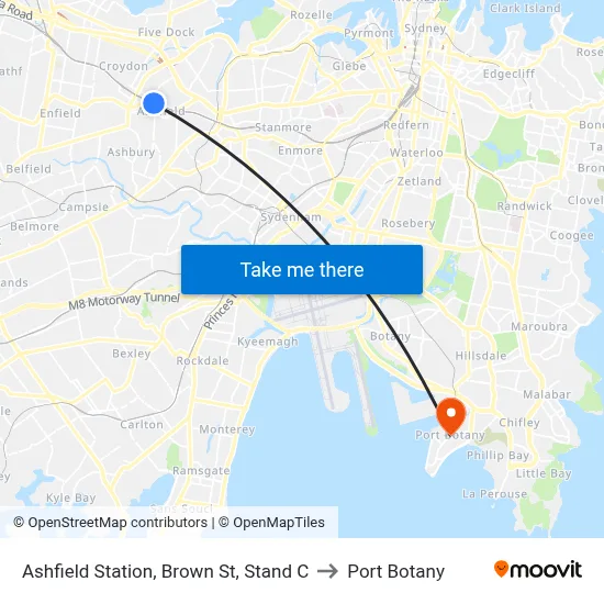 Ashfield Station, Brown St, Stand C to Port Botany map