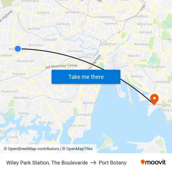 Wiley Park Station, The Boulevarde to Port Botany map