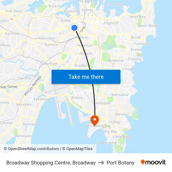 Broadway Shopping Centre, Broadway to Port Botany map