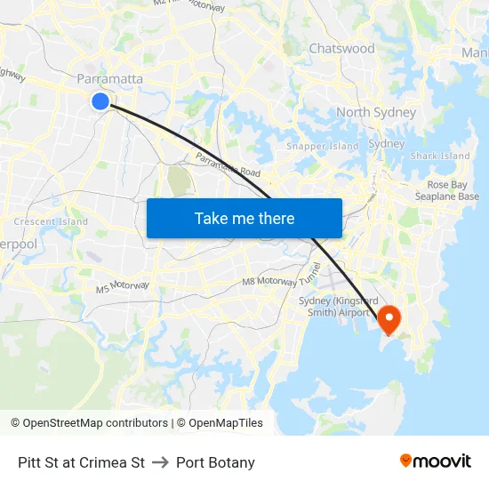 Pitt St at Crimea St to Port Botany map