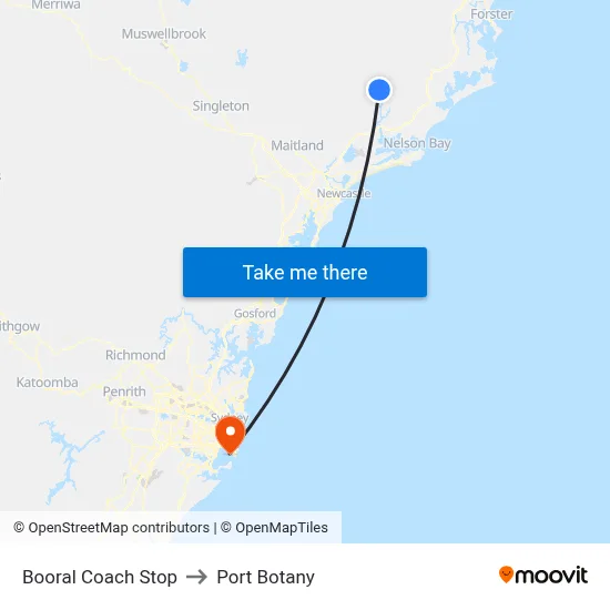 Booral Coach Stop to Port Botany map