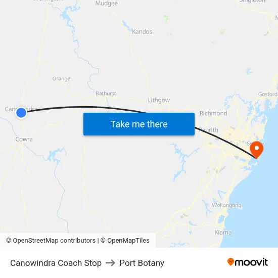 Canowindra Coach Stop to Port Botany map