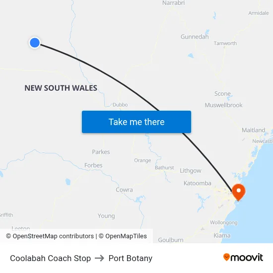 Coolabah Coach Stop to Port Botany map