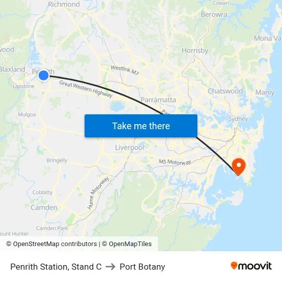 Penrith Station, Stand C to Port Botany map