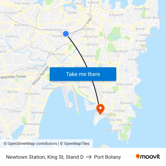 Newtown Station, King St, Stand D to Port Botany map