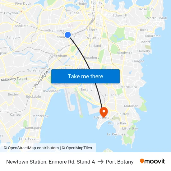 Newtown Station, Enmore Rd, Stand A to Port Botany map
