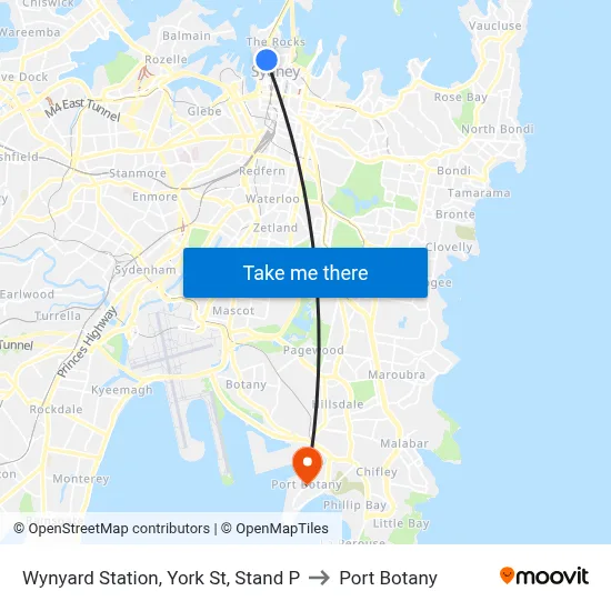 Wynyard Station, York St, Stand P to Port Botany map