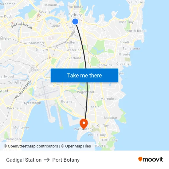 Gadigal Station to Port Botany map