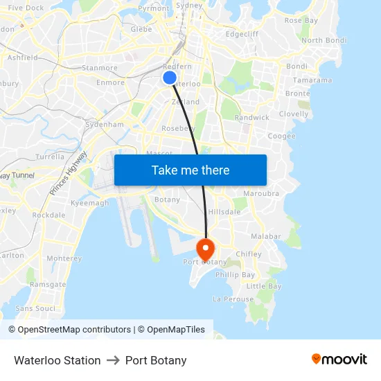 Waterloo Station to Port Botany map