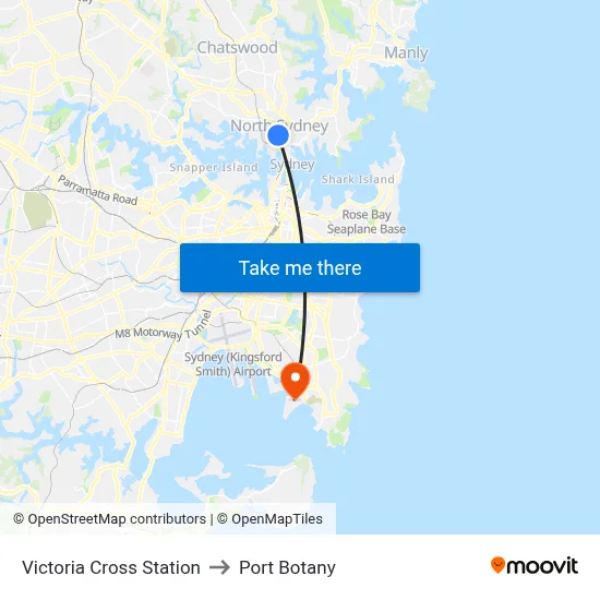 Victoria Cross Station to Port Botany map