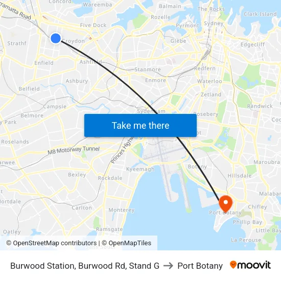 Burwood Station, Burwood Rd, Stand G to Port Botany map