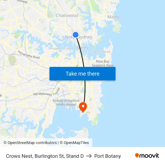 Crows Nest, Burlington St, Stand D to Port Botany map