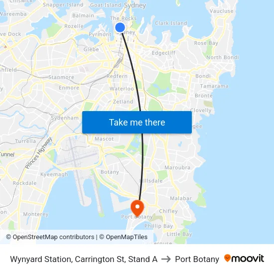 Wynyard Station, Carrington St, Stand A to Port Botany map