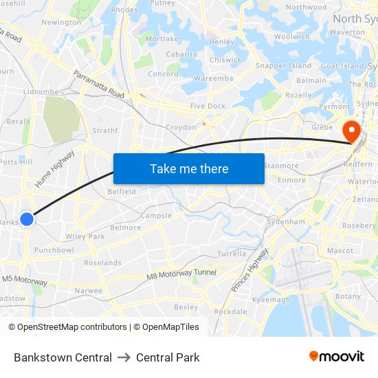 Bankstown Central to Central Park map