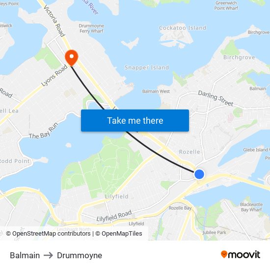 Balmain to Drummoyne map