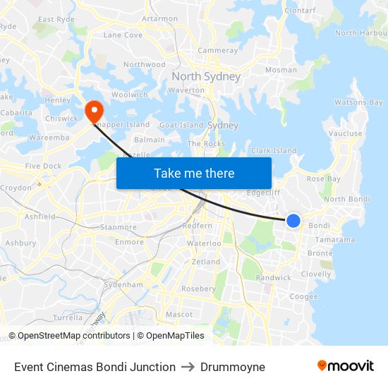 Event Cinemas Bondi Junction to Drummoyne map
