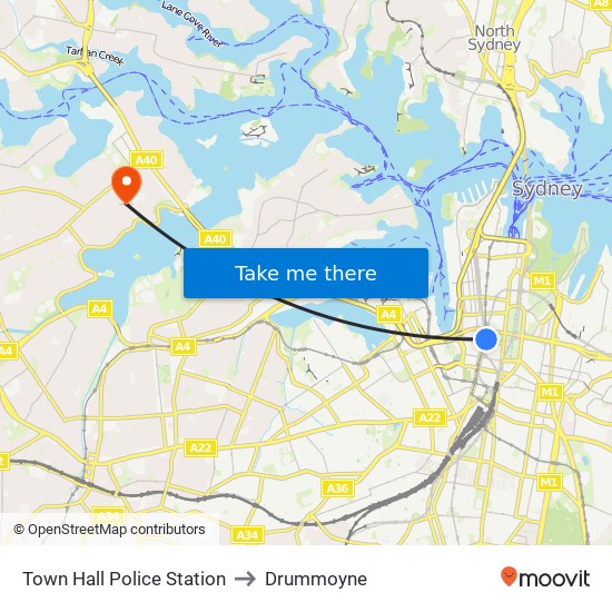 Town Hall Police Station to Drummoyne map