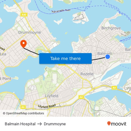 Balmain Hospital to Drummoyne map