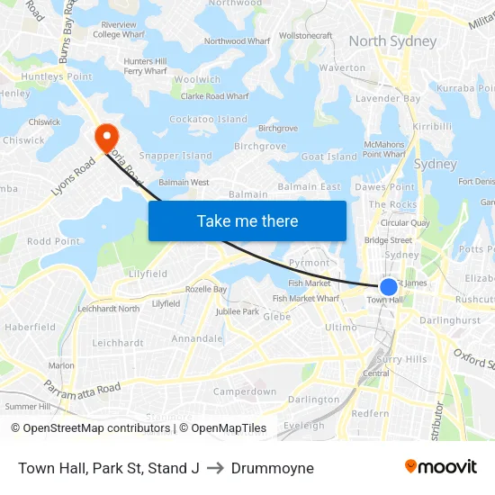 Town Hall, Park St, Stand J to Drummoyne map