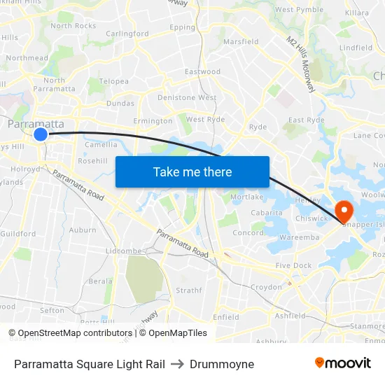 Parramatta Square Light Rail to Drummoyne map