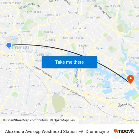 Alexandra Ave opp Westmead Station to Drummoyne map