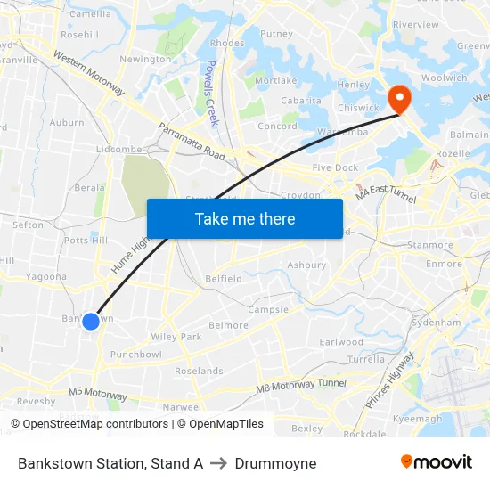Bankstown Station, Stand A to Drummoyne map