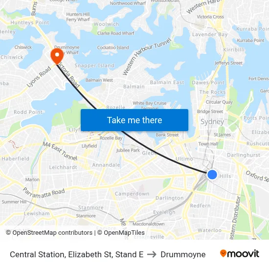 Central Station, Elizabeth St, Stand E to Drummoyne map