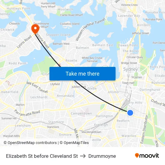 Elizabeth St before Cleveland St to Drummoyne map