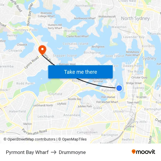 Pyrmont Bay Wharf to Drummoyne map