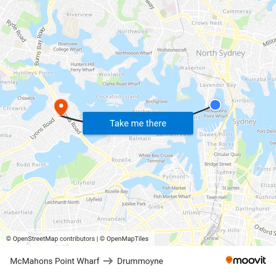 McMahons Point Wharf to Drummoyne map