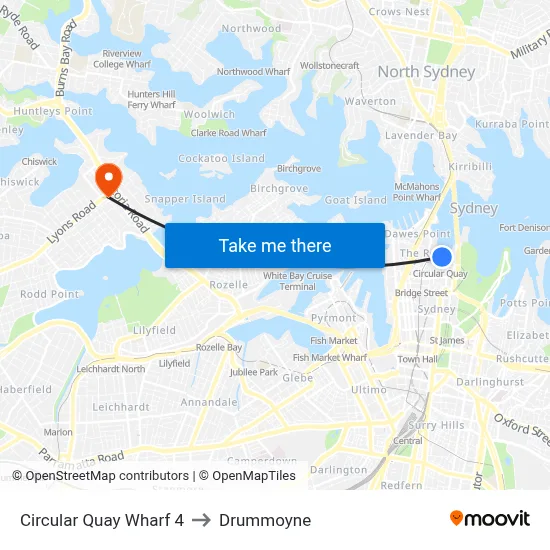 Circular Quay Wharf 4 to Drummoyne map