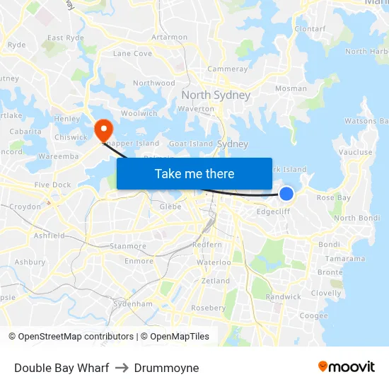 Double Bay Wharf to Drummoyne map