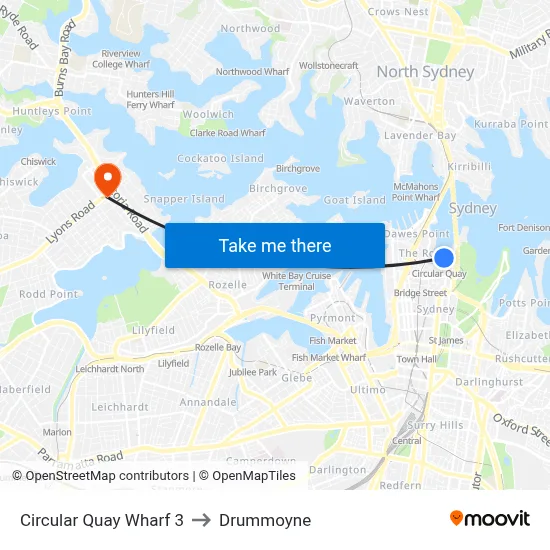 Circular Quay Wharf 3 to Drummoyne map