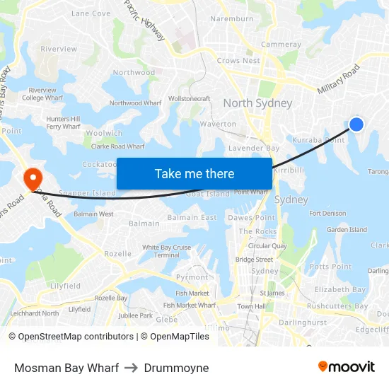 Mosman Bay Wharf to Drummoyne map
